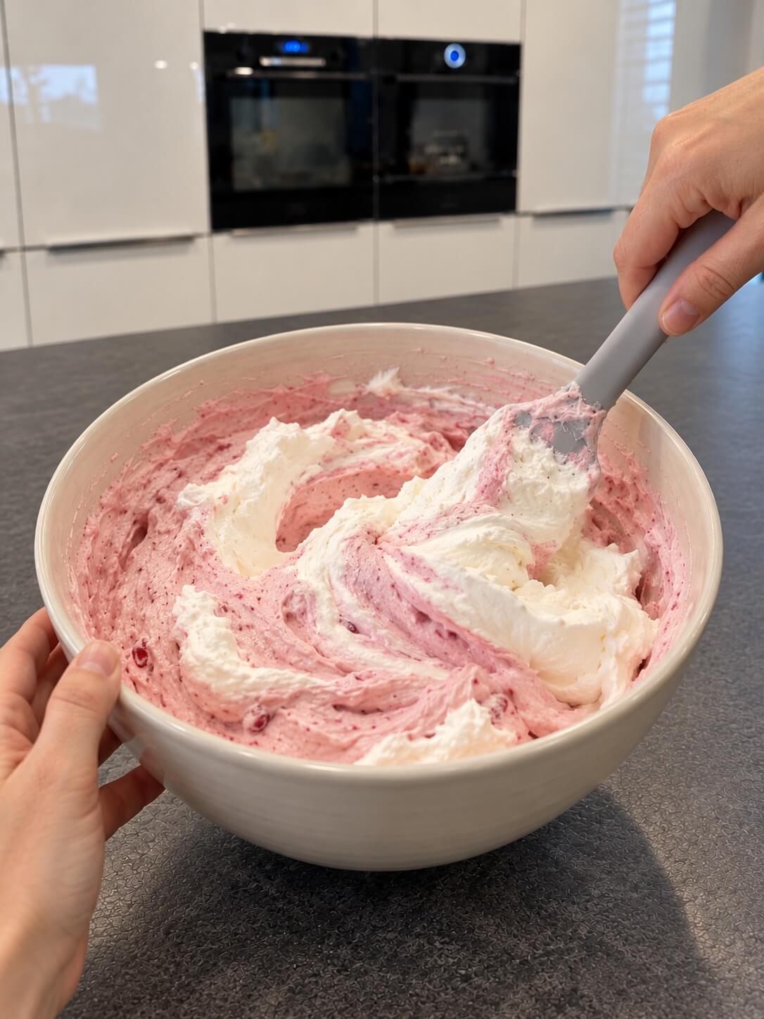 Steif geschlagene Sahne wird mit einem Teigschaber unter rosa Puddingmasse gehoben
