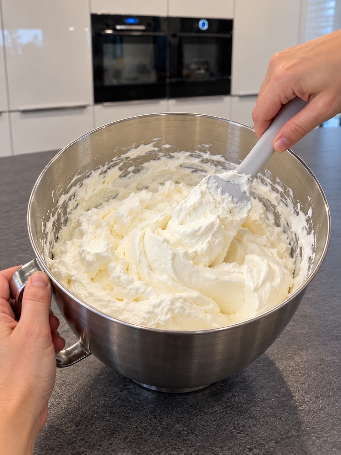 Griechischer Joghurt wird mit dem Teigschaber unter geschlagene Sahne gehoben
