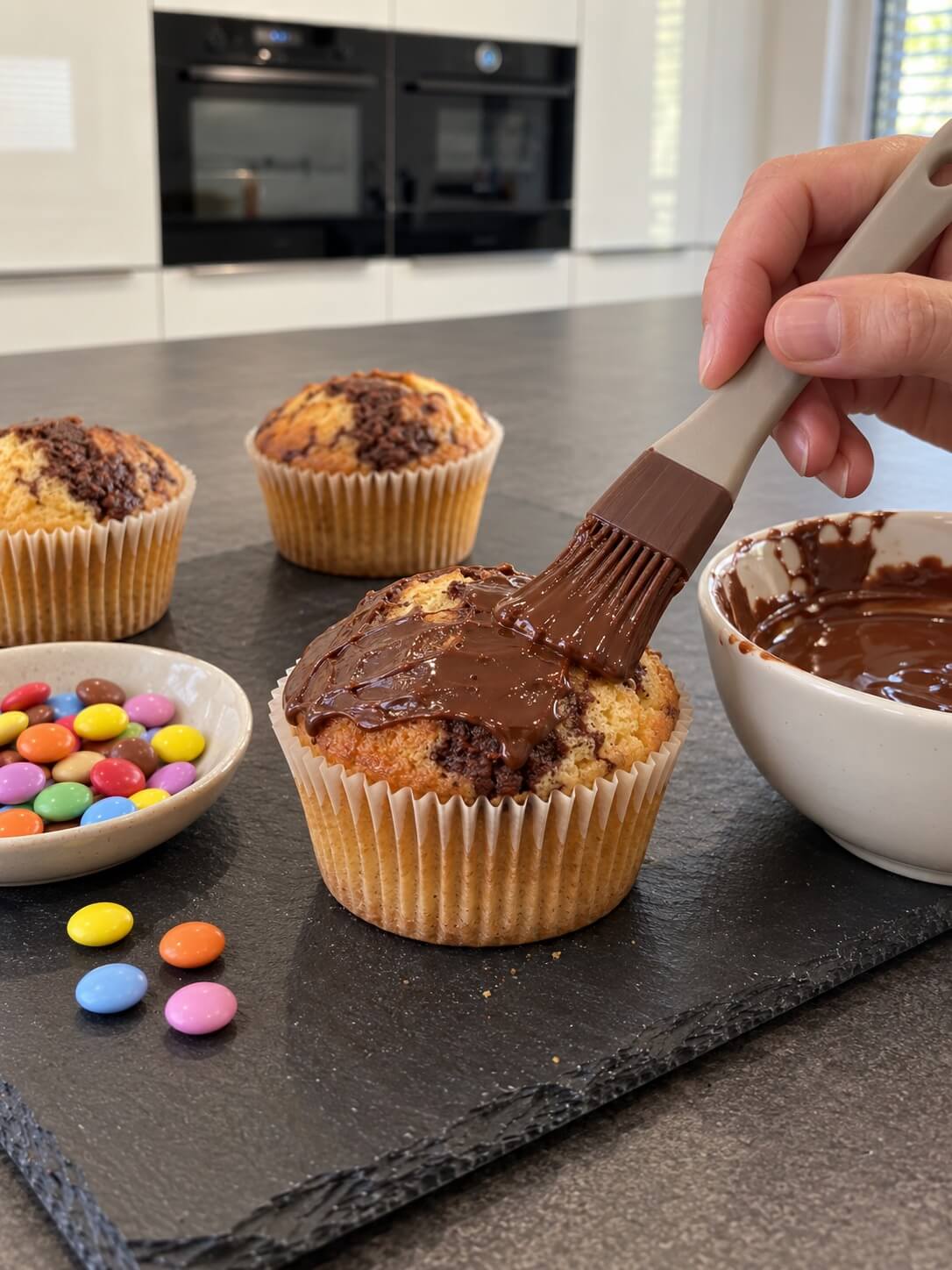 Marmormuffins werden mit dem Backpinsel mit geschmolzener Kuvertüre bestrichen