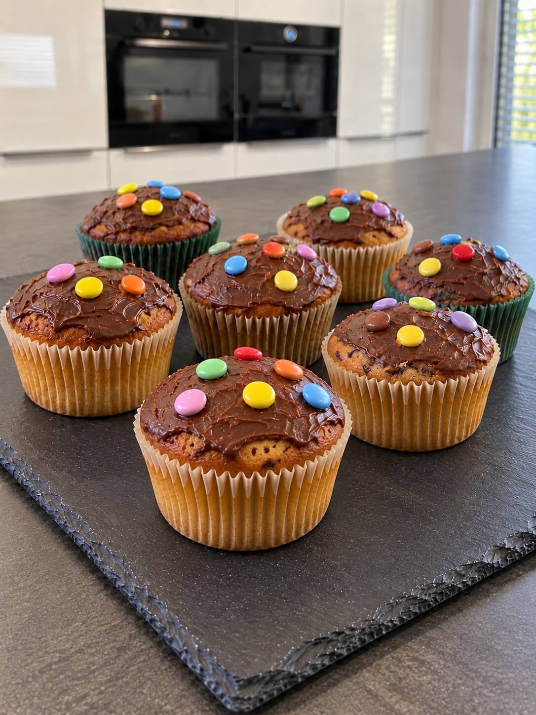 Marmormuffins selber backen, Rezept für 12 Stück mit Schokoladenguss und Smarties