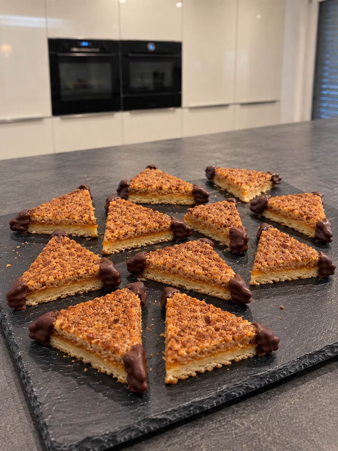Nussecken vom Blech selber backen, Rezept mit Haselnüssen, Mandeln und Aprikosenkonfitüre